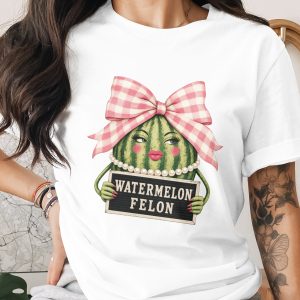 Watermelon Felon T-Shirt Funny Mugshot Tee Southern Sassy Fruit Lover Gift Faux Pearl Gingham Bow