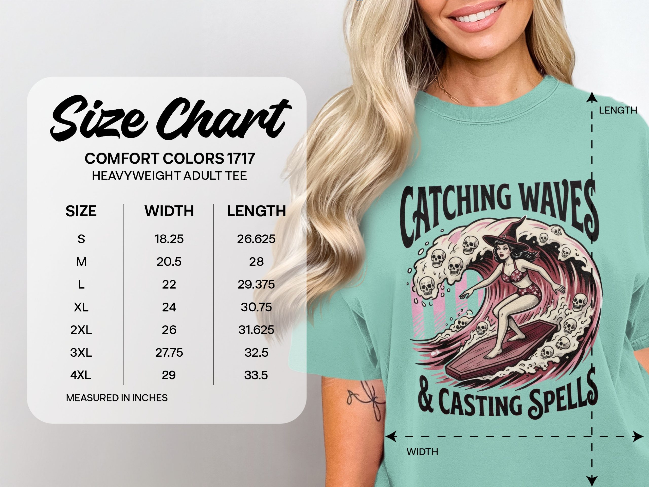 Catching Waves & Casting Spells T-Shirt, Witch Surfer Gothic Pin Up Tee, Spooky Beach Halloween Summer Skull Coffin Board Top - Image 4