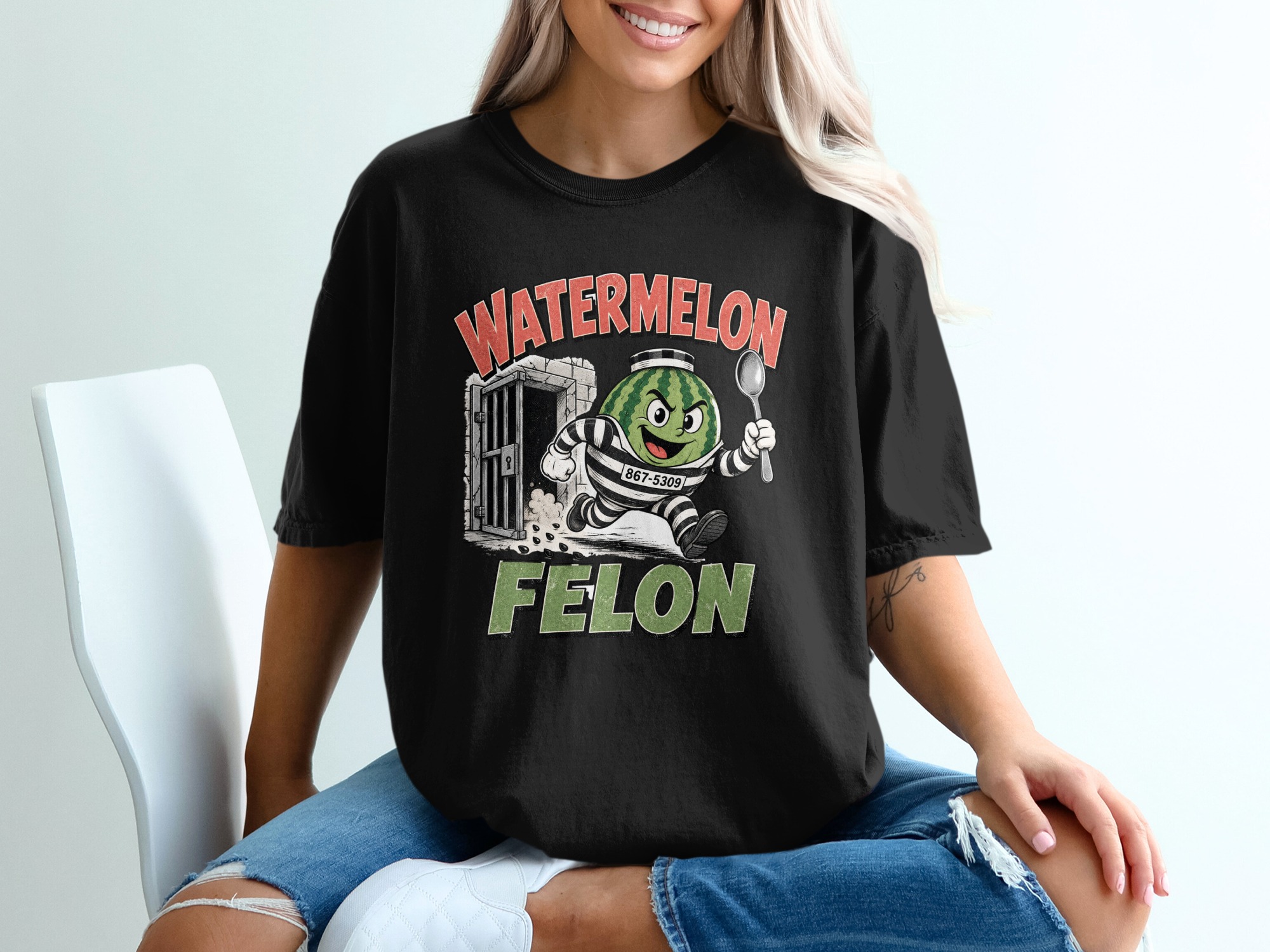 Watermelon Felon Funny Pun T-Shirt, Mischievous Fruit Jailbreak Graphic Tee, Humorous Food Lover Gift, Quirky Summer Apparel - Image 2