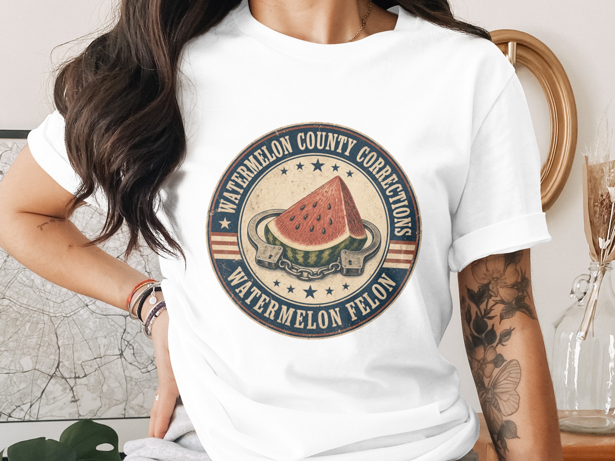 Watermelon Felon T-Shirt | Watermelon County Corrections Funny Retro Distressed Americana Jail Humor Tee Gift