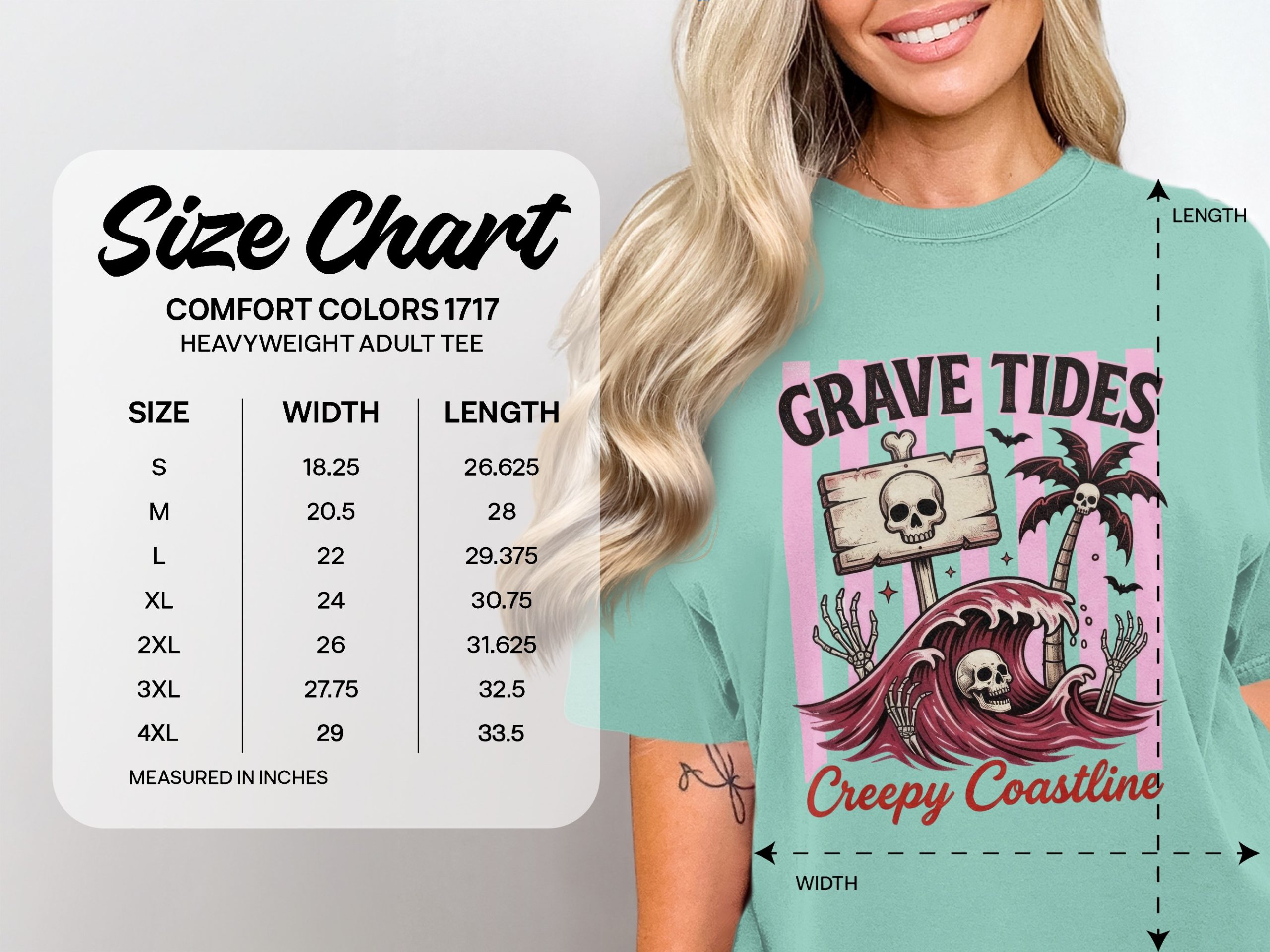 Grave Tides Creepy Coastline T-Shirt, Spooky Beach Goth Skull Tee, Dark Tropical Waves & Palm Tree Halloween Aesthetic Graphic Top - Image 4