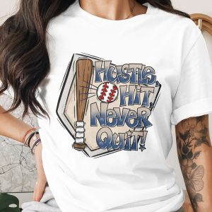 Hustle Hit Never Quit Baseball T-Shirt, Motivational Sports Tee, Game Day Apparel, Coach Gift, Unisex Fan Shirt, Athlete Inspiration Top