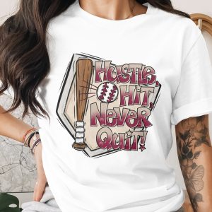 Baseball Game Day T-Shirt, Hustle Hit Never Quit Tee for Baseball Mom, Retro Ballpark Fan Shirt Gift