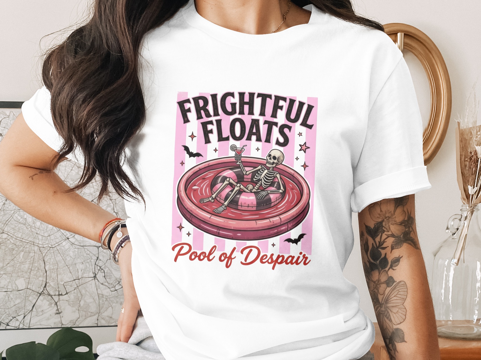 Frightful Floats Pool of Despair Skeleton T-Shirt, Pastel Goth Spooky Summer Party Tee, Dark Humor Alternative Aesthetic Clothing Gift
