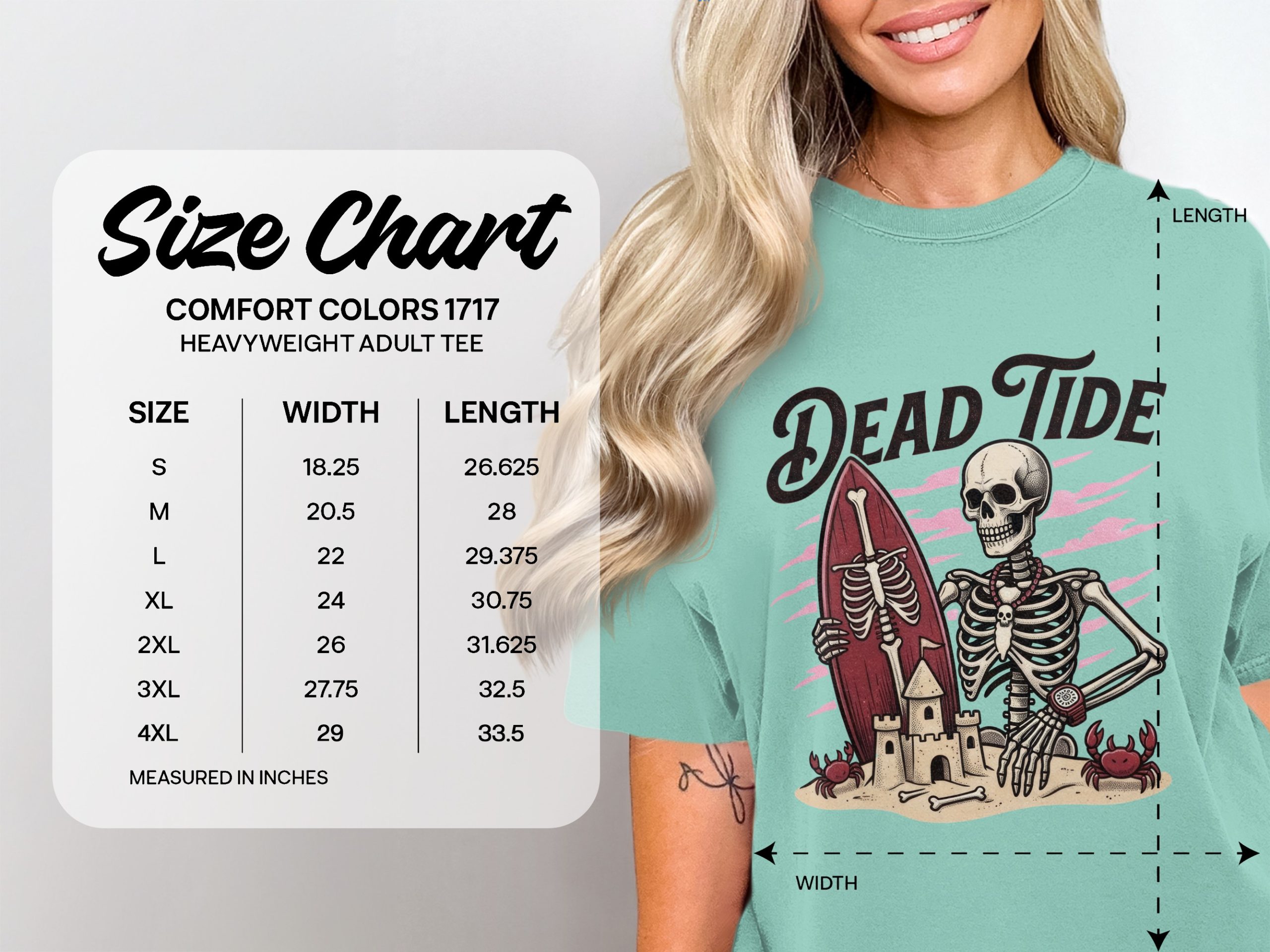 Skeleton Surfer T-Shirt, Dead Tide Grunge Beach Graphic Tee, Alternative Skull Ocean Print, Skater Summer Vacation Gift - Image 4
