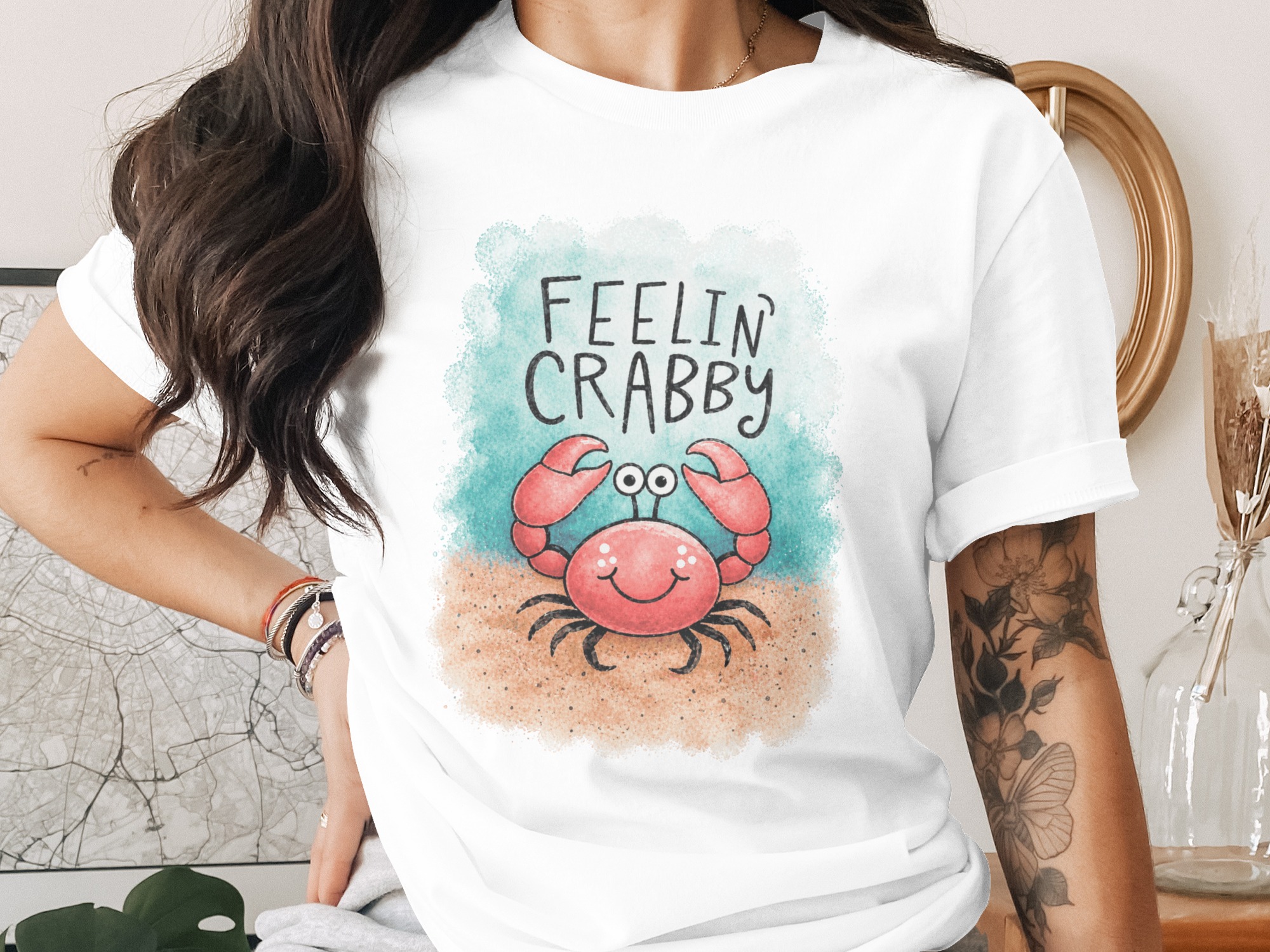 Feelin' Crabby T-Shirt, Cute Crab Lover Funny Ocean Graphic Tee, Sarcastic Beach Pun Summer Vacation Apparel Gift for Her Him