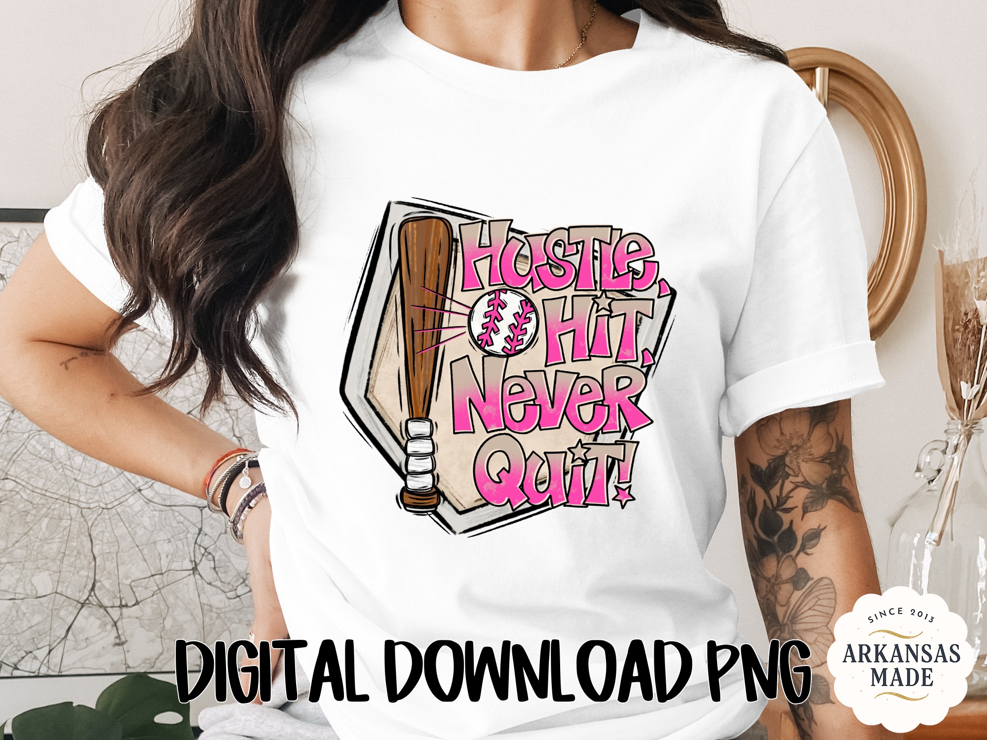 Hustle Hit Never Quit Baseball Softball Digital Design | Motivational Sports Graphic PNG for Athletes, Coaches, & Team Gifts
