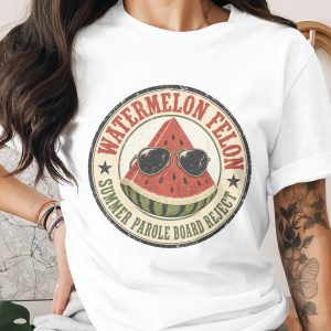 Funny Watermelon Felon T-Shirt | Retro Summer Parole Board Reject Graphic Tee | Hilarious Vintage Style Sarcastic Humor Shirt