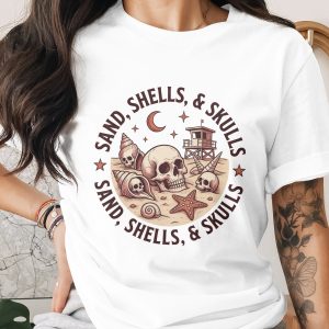 Sand Shells Skulls T-Shirt, Goth Beach Vibe Spooky Summer Tee, Macabre Ocean Graphic Skull Shirt, Alternative Apparel Gift