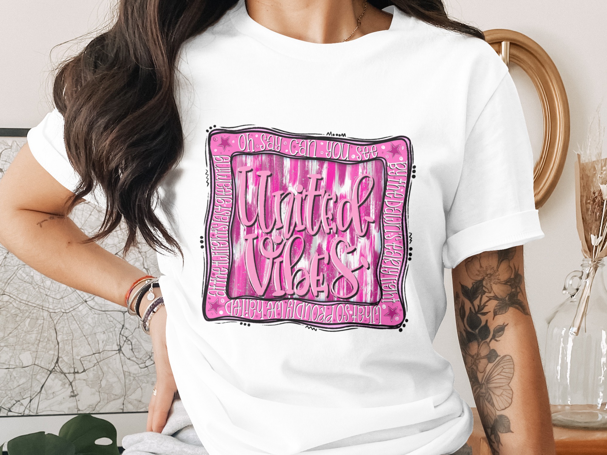 United Vibes T-Shirt | Patriotic Pink Faux Glitter Effect Tee with American Flag Song Lyrics | Fourth of July Concert Top