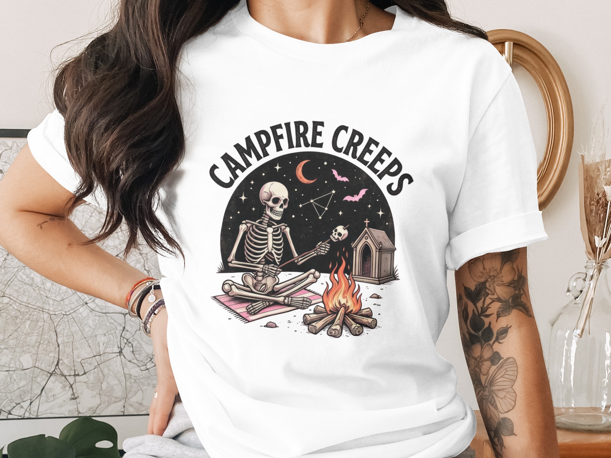 Campfire Creeps Spooky Skeleton Tee, Roasting Marshmallow Skull, Goth Halloween T-Shirt, Creepy Cute Alternative Apparel, Dark Whimsigoth