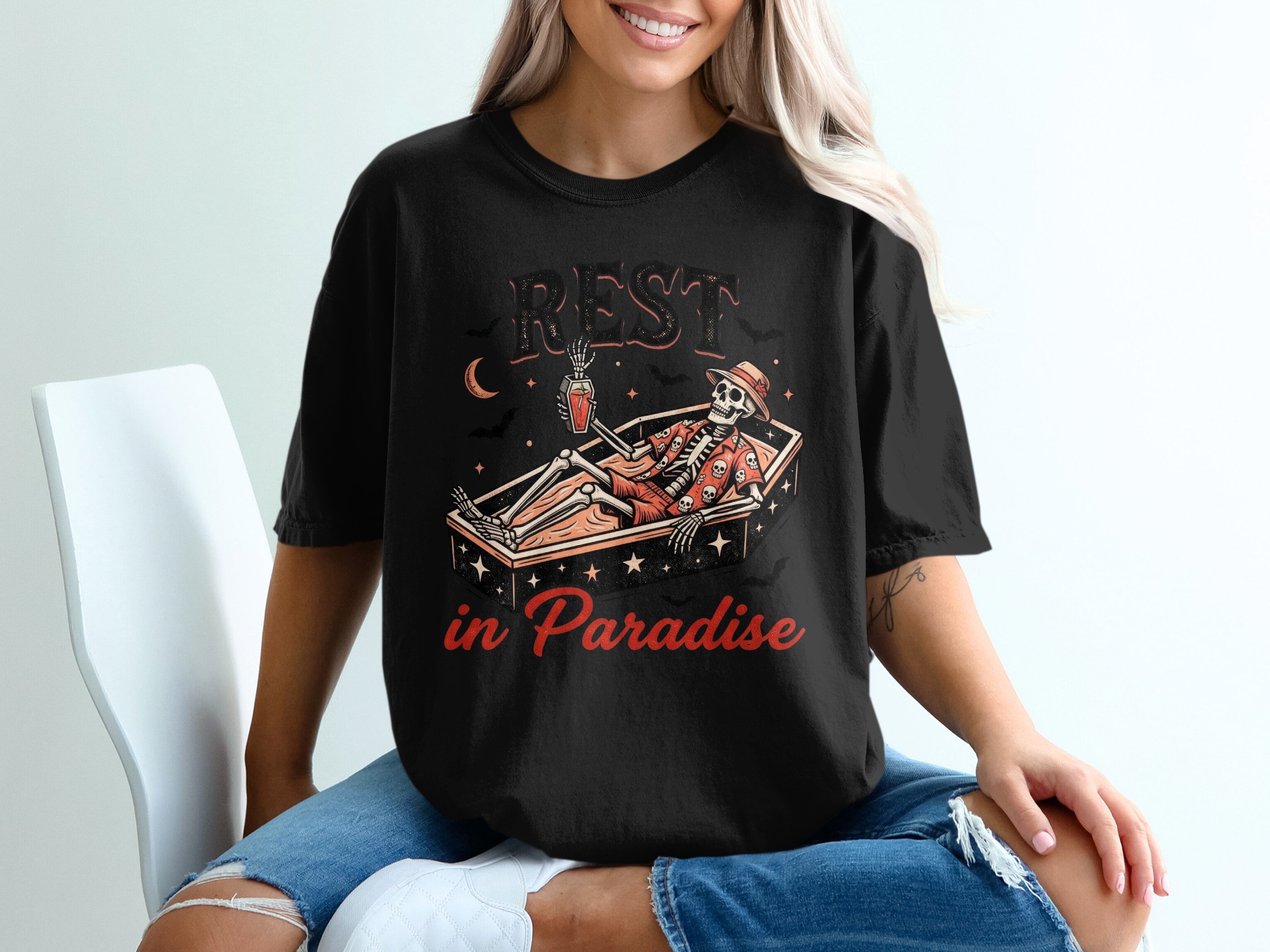 Rest in Paradise Skeleton T-Shirt - Spooky Halloween Vacation Tee, Creepy Hawaiian Shirt, Goth Summer Shirt - Image 2