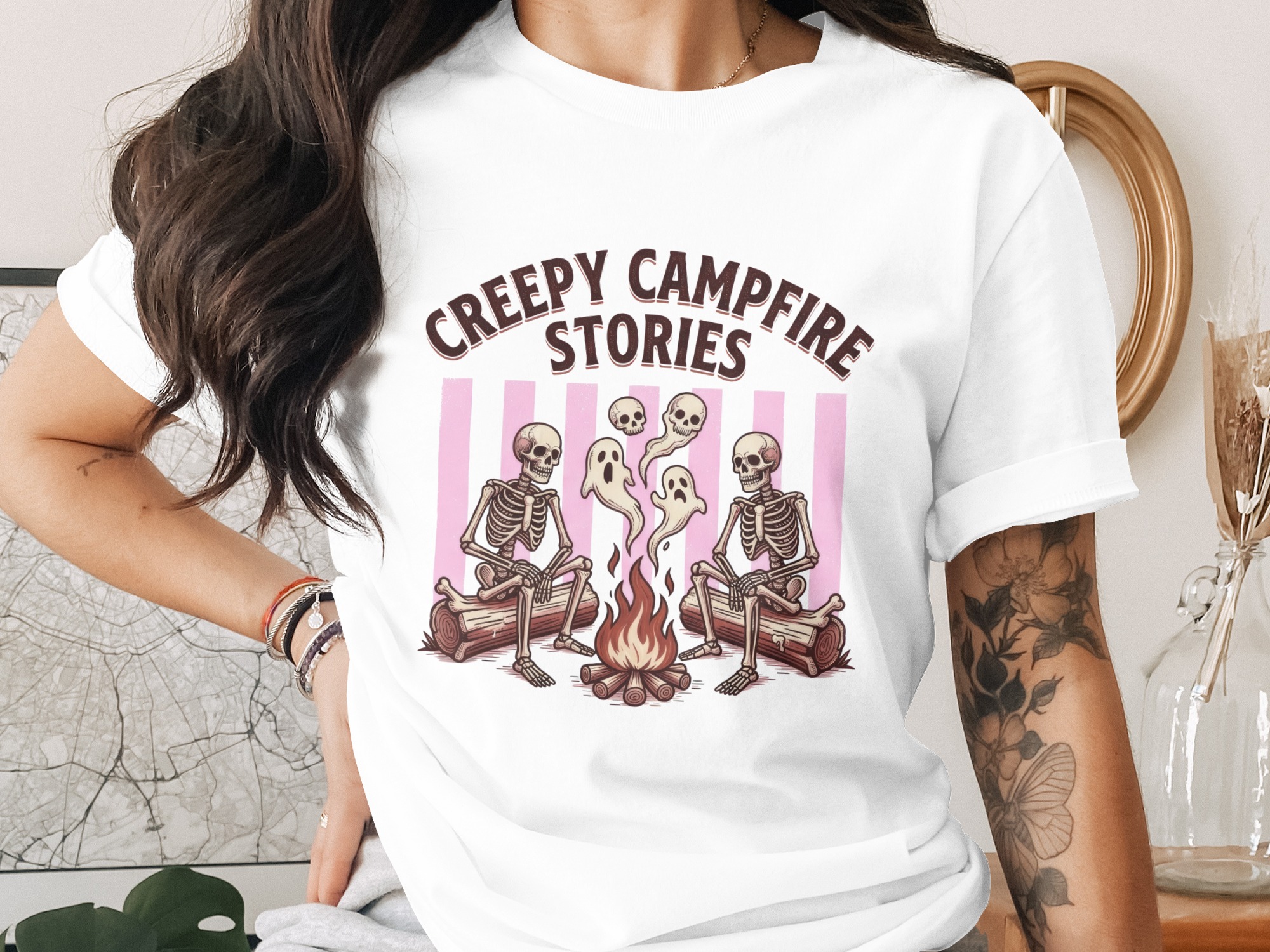 Creepy Campfire Stories Halloween T-Shirt, Spooky Season Skeleton Ghost Story Tee, Retro Goth Lover Gift