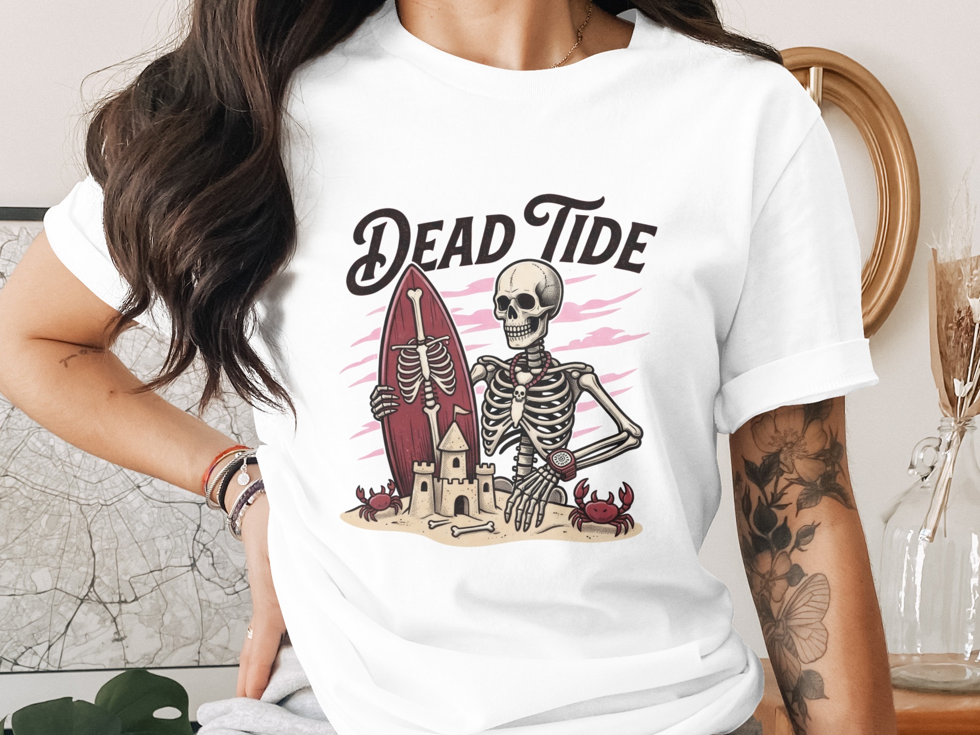 Skeleton Surfer T-Shirt, Dead Tide Grunge Beach Graphic Tee, Alternative Skull Ocean Print, Skater Summer Vacation Gift