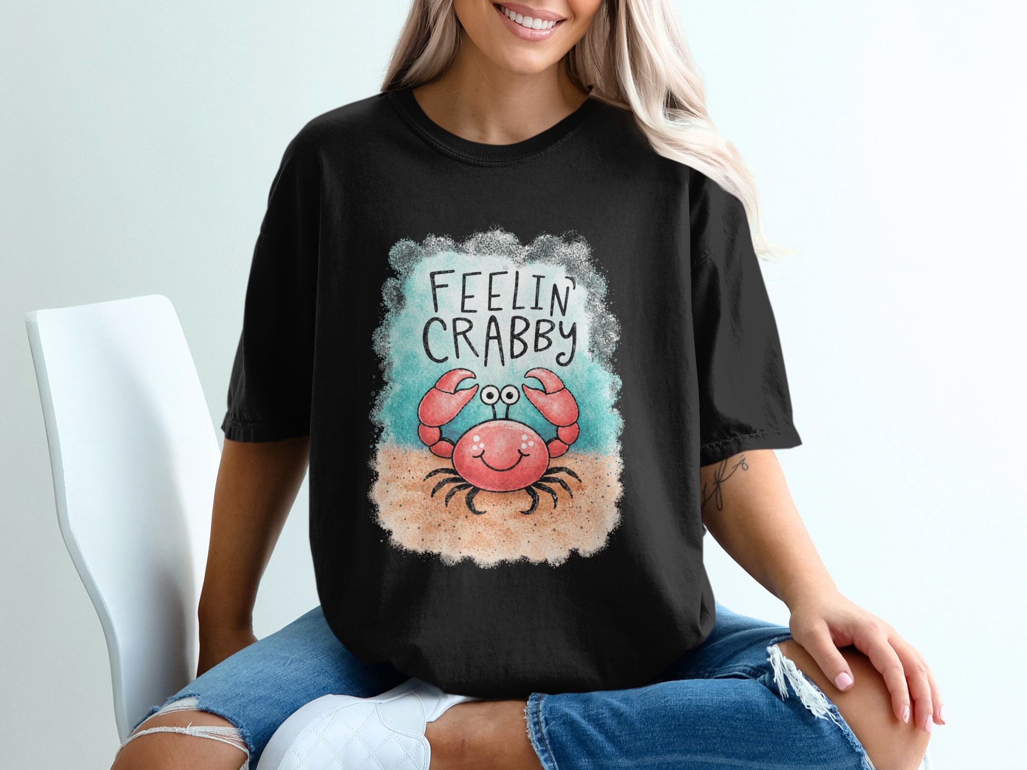 Feelin' Crabby T-Shirt, Cute Crab Lover Funny Ocean Graphic Tee, Sarcastic Beach Pun Summer Vacation Apparel Gift for Her Him - Image 2