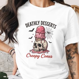Deathly Desserts Creepy Cones T-Shirt, Spooky Skull Ice Cream Tee, Goth Halloween Shirt, Dark Aesthetic Gift