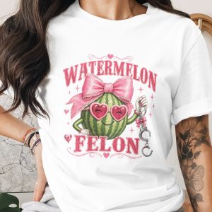 Watermelon Felon T-Shirt, Coquette Core Funny Pink Bow Aesthetic Handcuffs Graphic Tee, Distressed Print Sarcastic Humor Y2K Indie Style