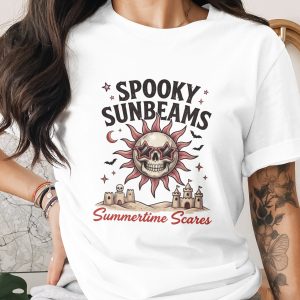 Spooky Sunbeams T-Shirt | Gothic Summer Skull Sun & Star Glasses Tee | Halloween Beach Vacation Shirt for Summertime Scares