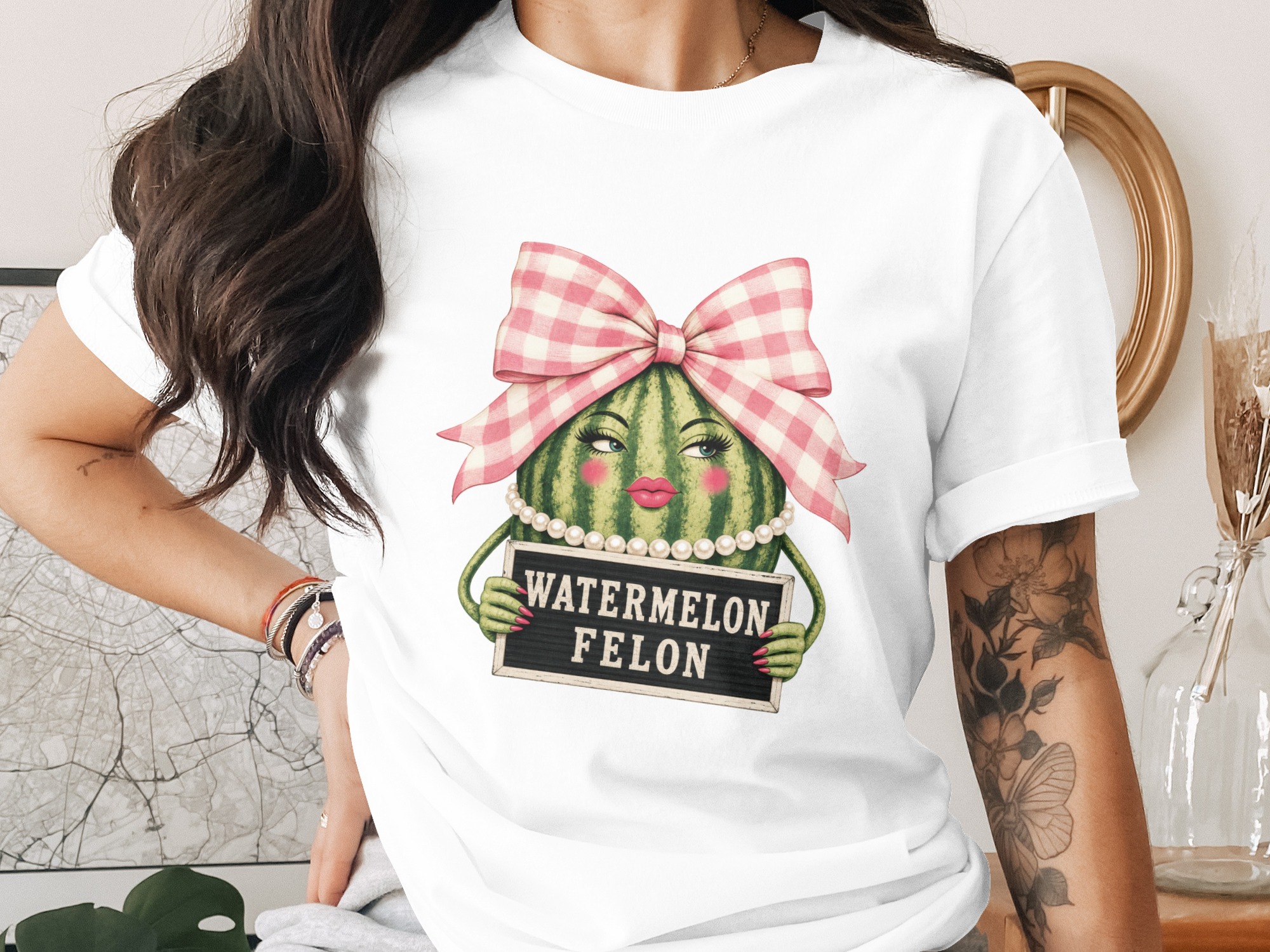 Watermelon Felon T-Shirt Funny Mugshot Tee Southern Sassy Fruit Lover Gift Faux Pearl Gingham Bow