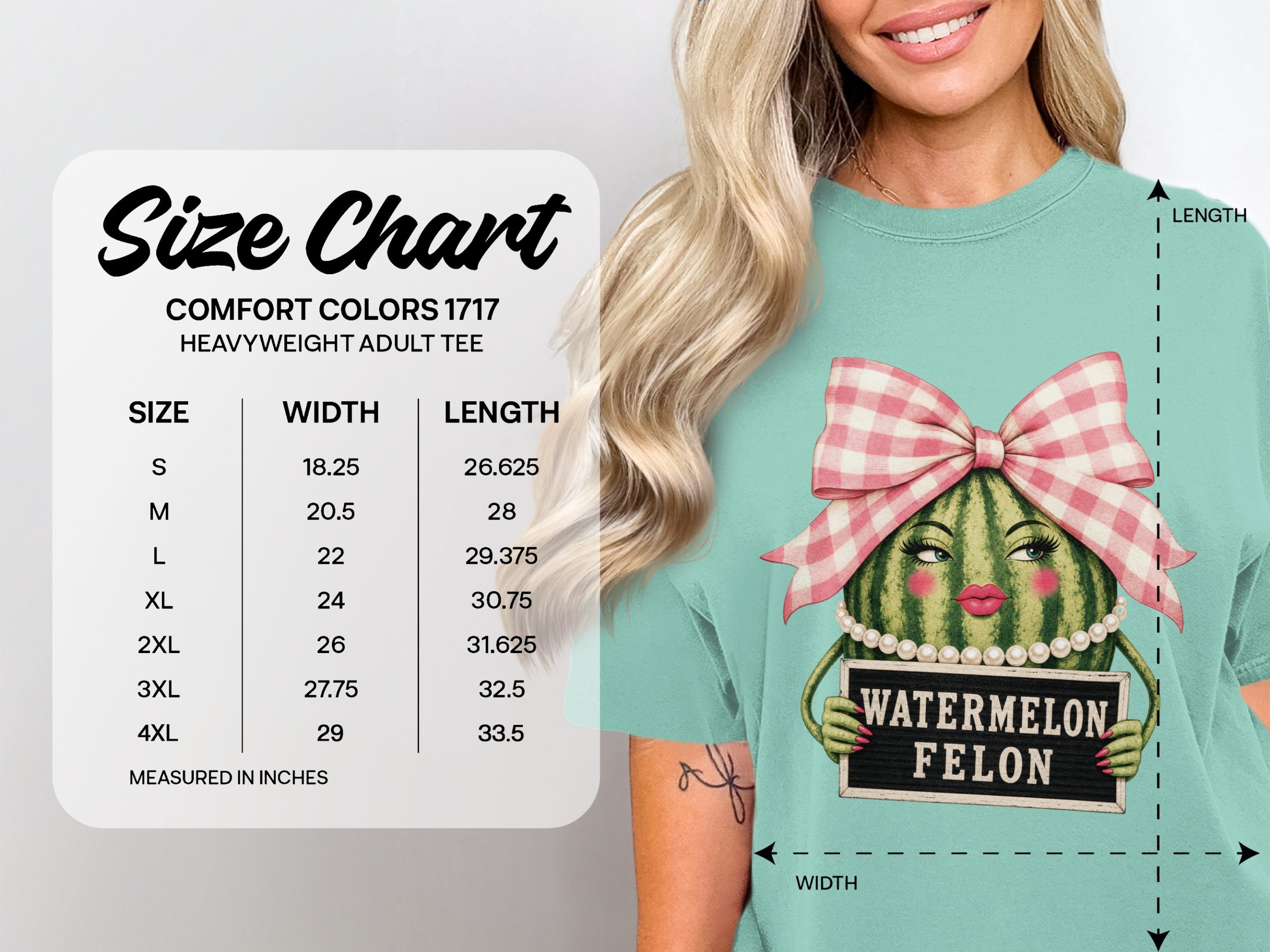 Watermelon Felon T-Shirt Funny Mugshot Tee Southern Sassy Fruit Lover Gift Faux Pearl Gingham Bow - Image 4