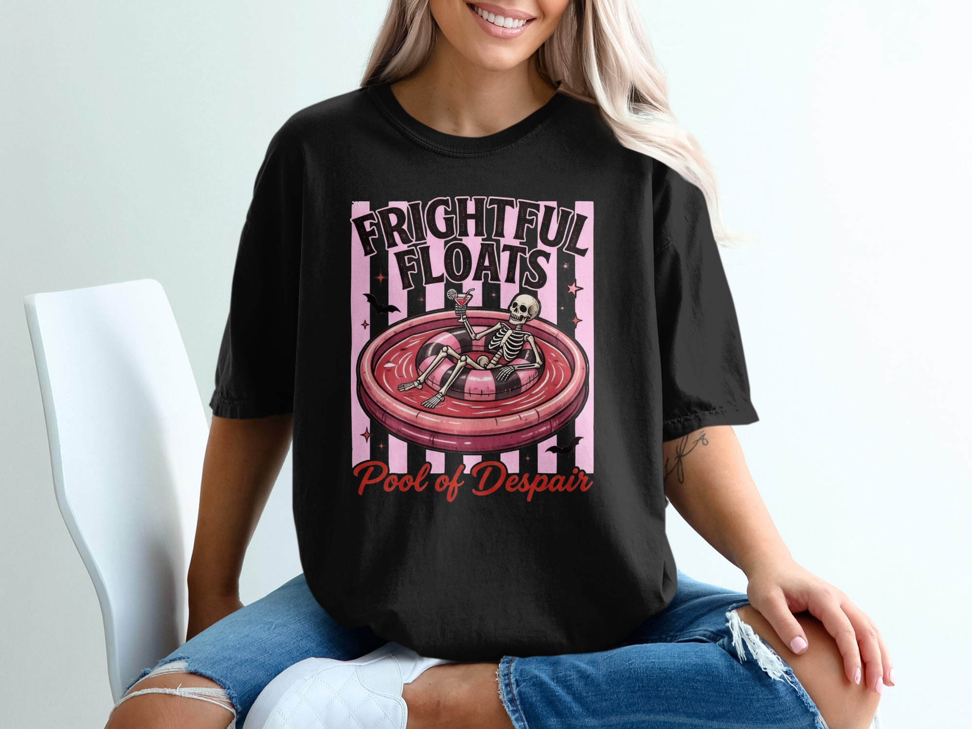 Frightful Floats Pool of Despair Skeleton T-Shirt, Pastel Goth Spooky Summer Party Tee, Dark Humor Alternative Aesthetic Clothing Gift - Image 2