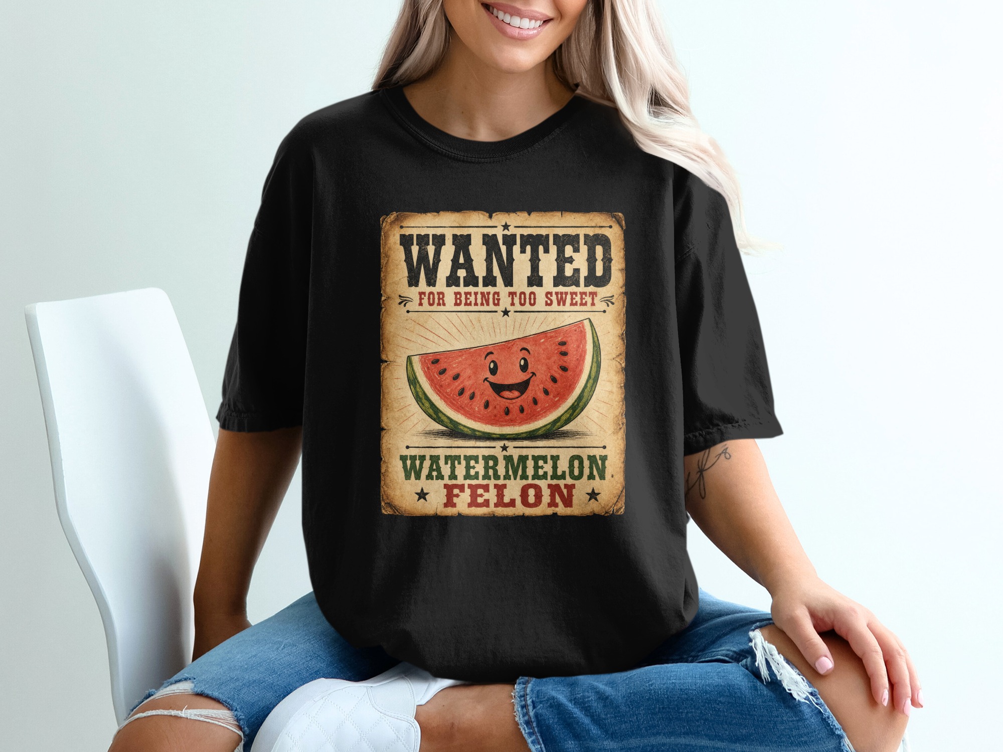 Watermelon Felon T-Shirt, Funny Watermelon Wanted Poster Tee, Too Sweet Shirt, Fruity Summer Vibe TShirt - Image 2