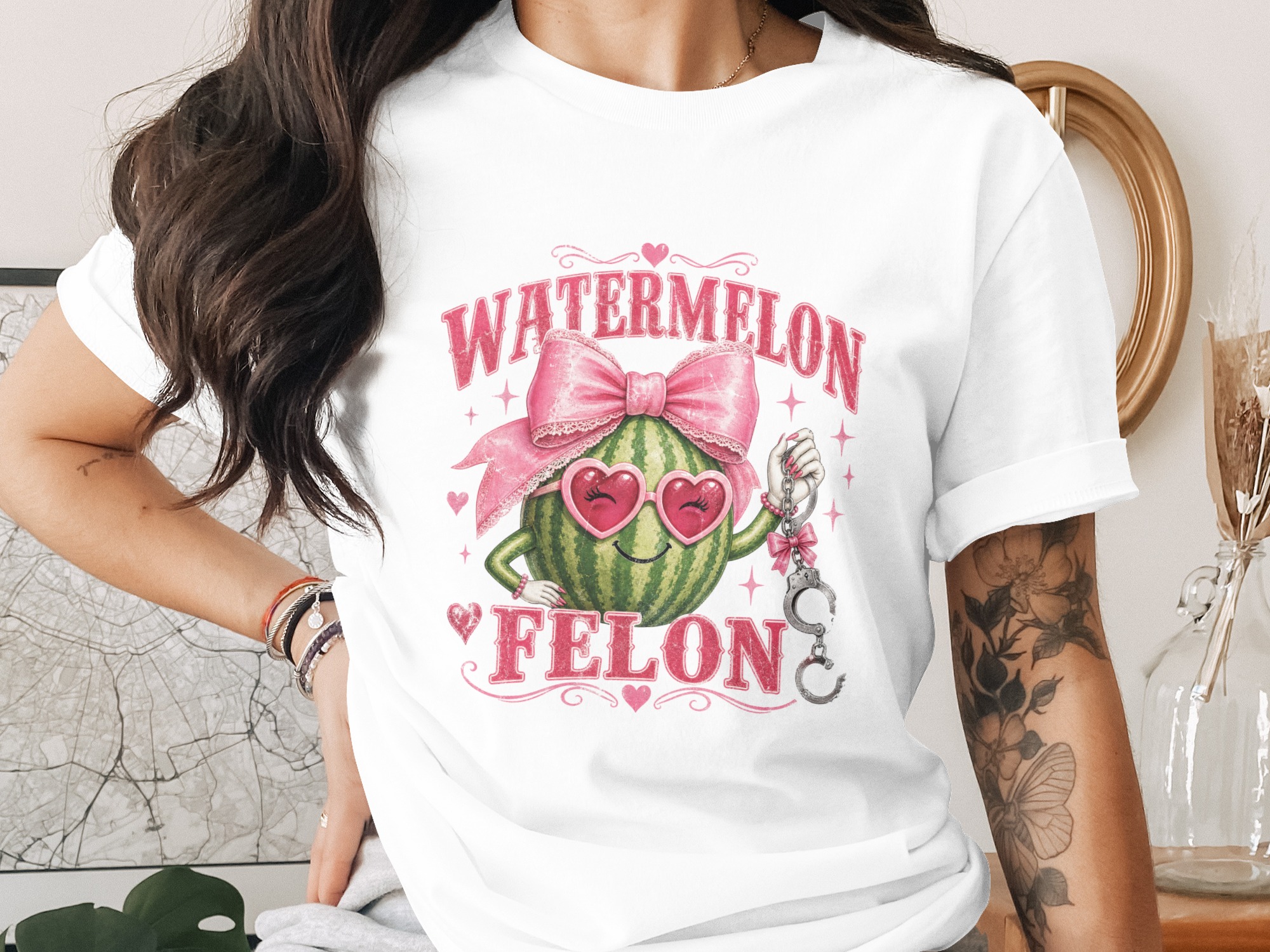Watermelon Felon T-Shirt, Coquette Core Funny Pink Bow Aesthetic Handcuffs Graphic Tee, Distressed Print Sarcastic Humor Y2K Indie Style