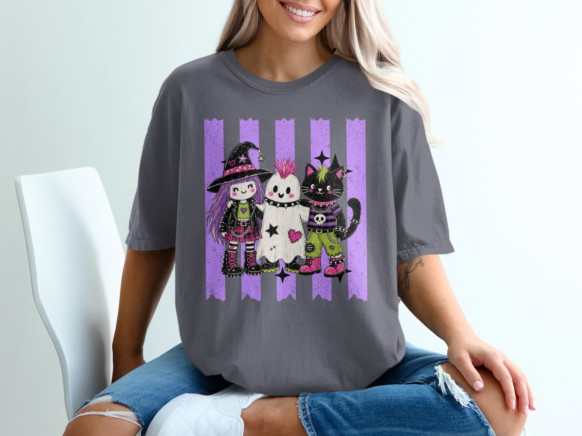 Spooky Cute Goth Friends T-Shirt, Pastel Punk Rock Witch Ghost Cat Halloween Shirt, Alternative Aesthetic Crewneck Tee - Image 5