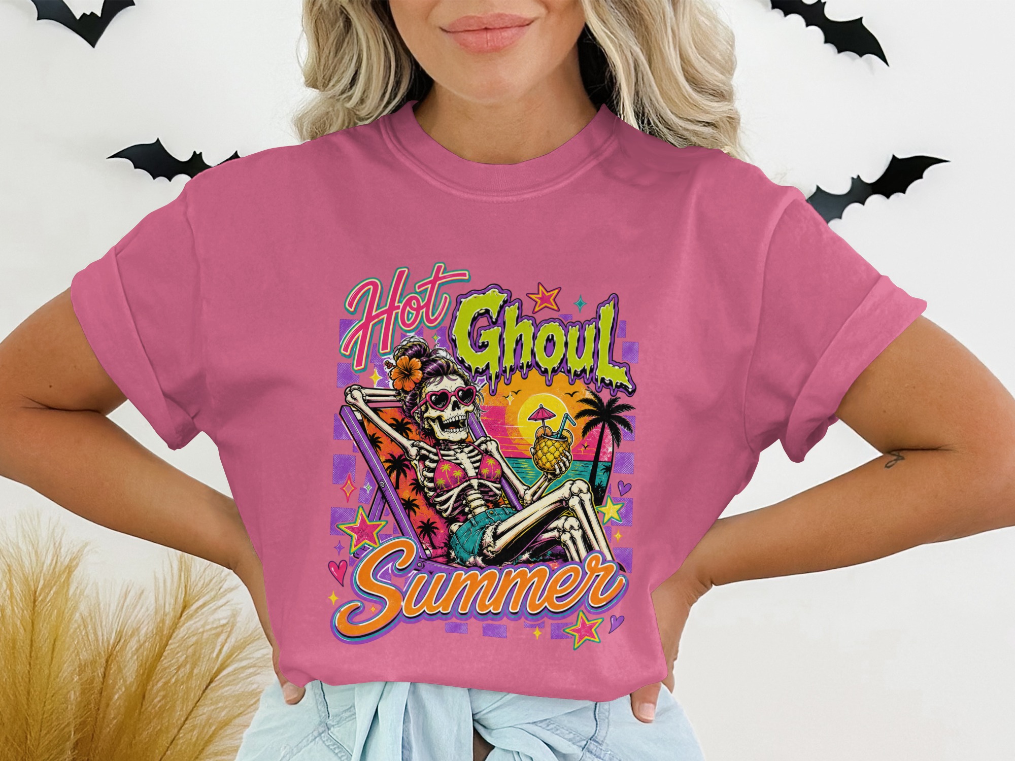 Hot Ghoul Summer Shirt, Skeleton Summer Retro Spooky Graphic Tee, Tropical Goth Funny Skull Vacation T-Shirt - Image 6