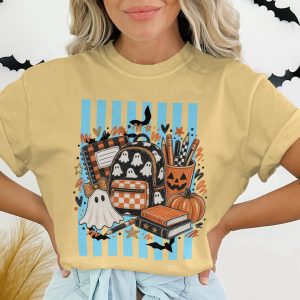 Back to School Halloween Teacher T-Shirt, Cute Spooky Ghost Student Gift, Autumn Pumpkin Books & Learning Design Tee