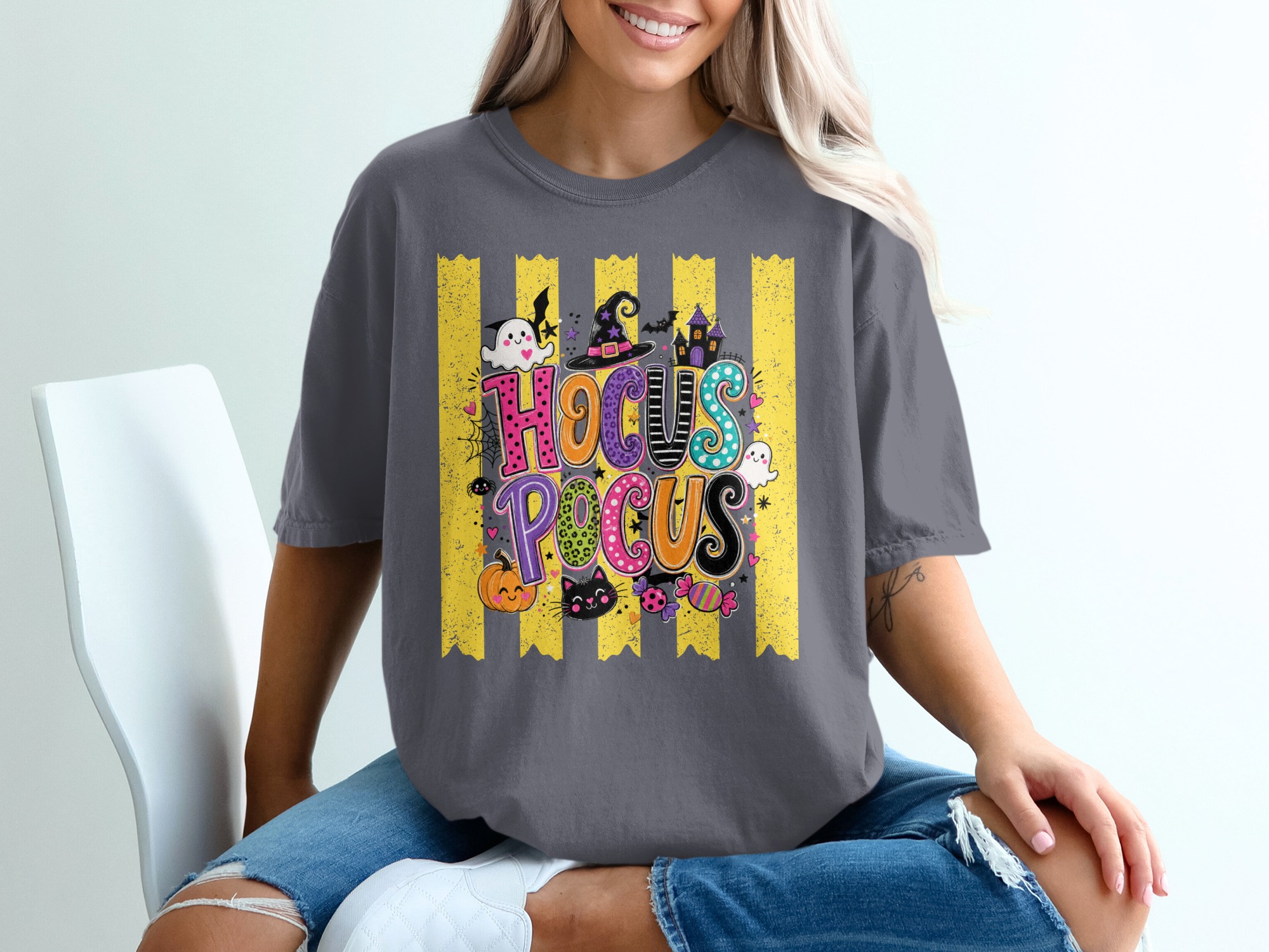 Hocus Pocus Halloween T-Shirt | Cute Spooky Season Witch Tee with Ghosts, Pumpkin, Black Cat & Bats | Fall Party Top for Women - Image 5