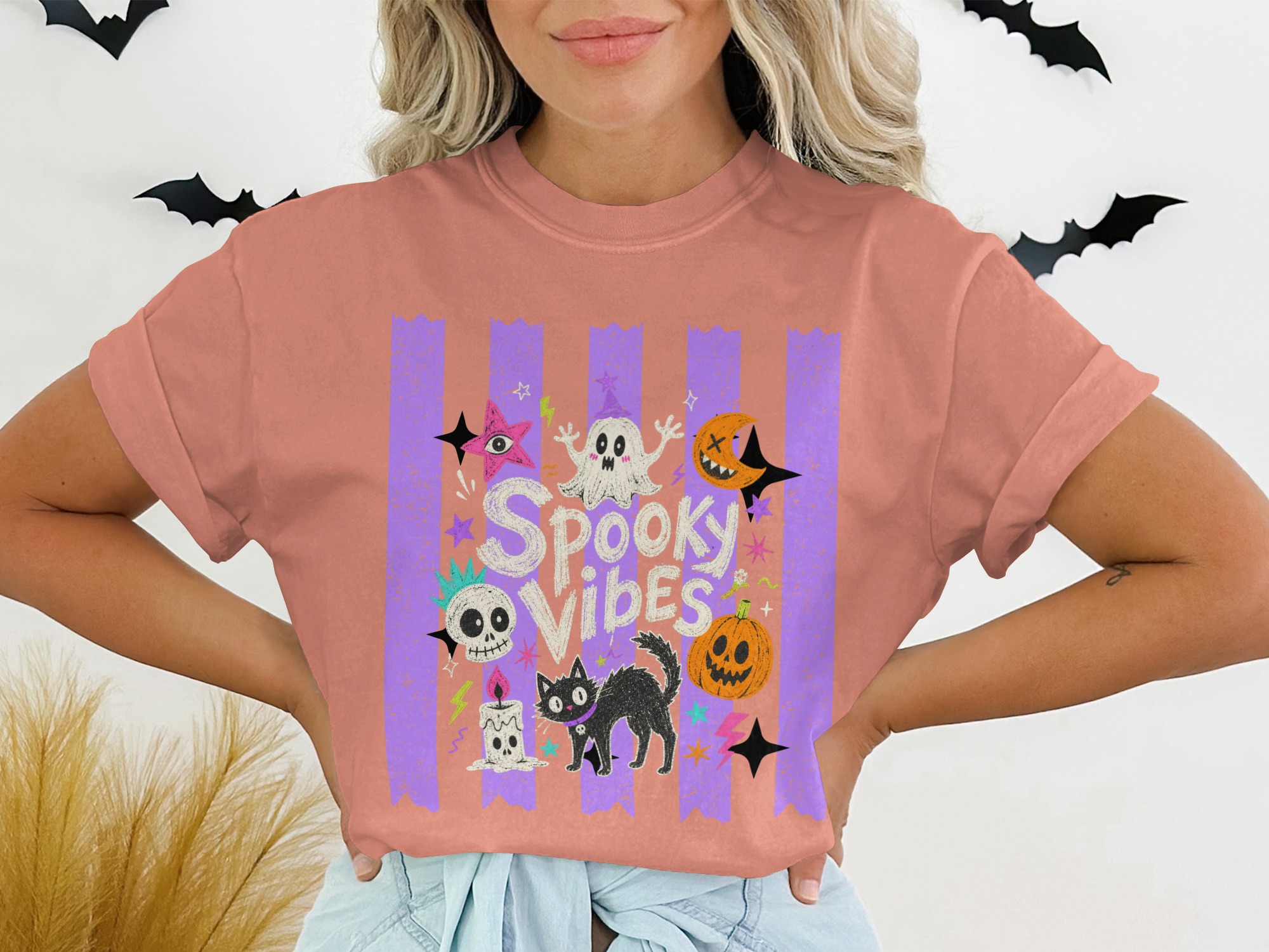 Spooky Vibes T-Shirt, Cute Ghost Black Cat Halloween Shirt, Whimsigoth Pastel Goth Aesthetic Pumpkin Skull T-Shirt, Retro Spooky Season Gift - Image 2