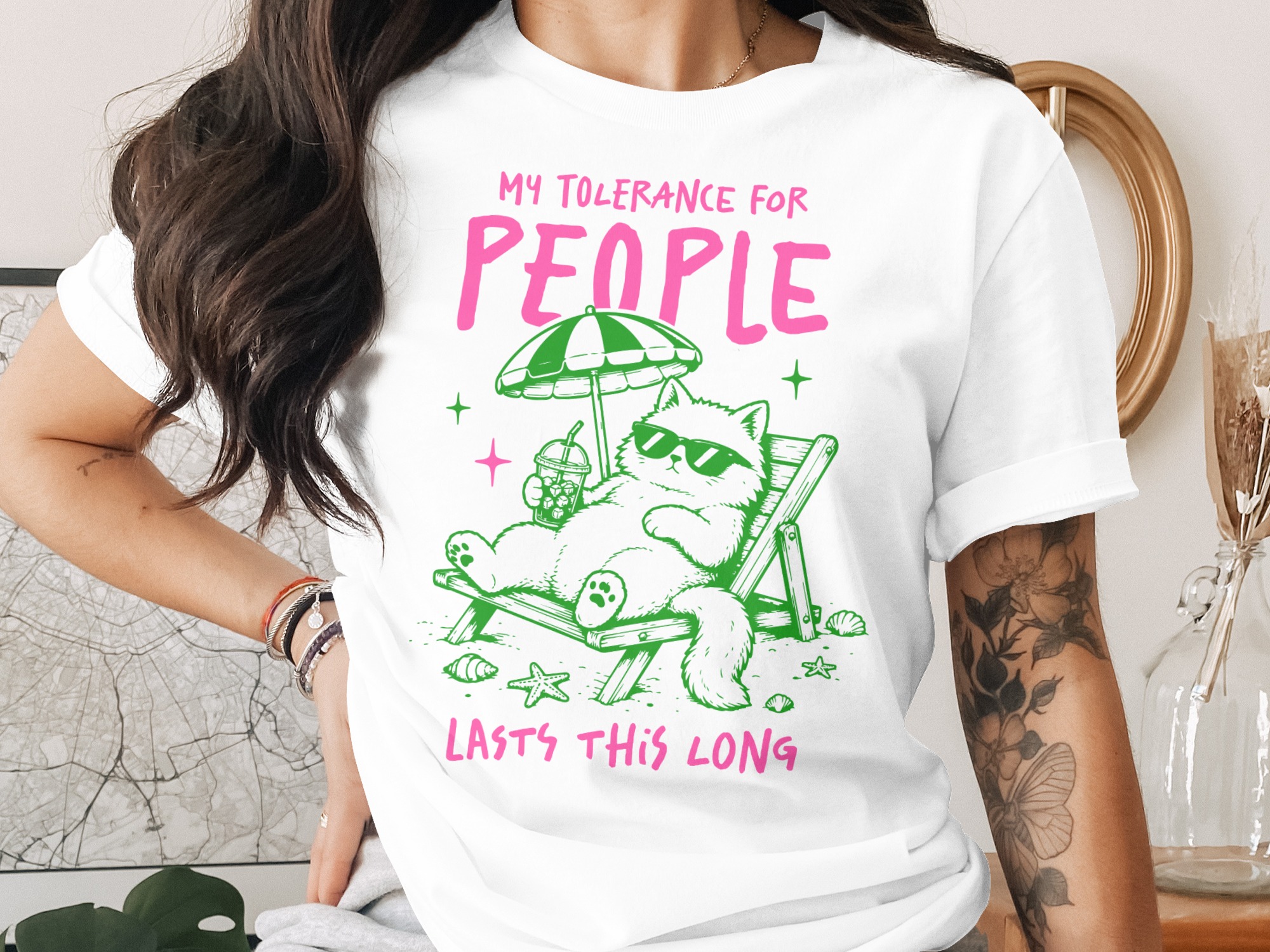 Funny Cat Lover T-Shirt, My Tolerance For People Lasts This Long Shirt, Sarcastic Introvert Cat Tee, Beach Cat Shirt Gift