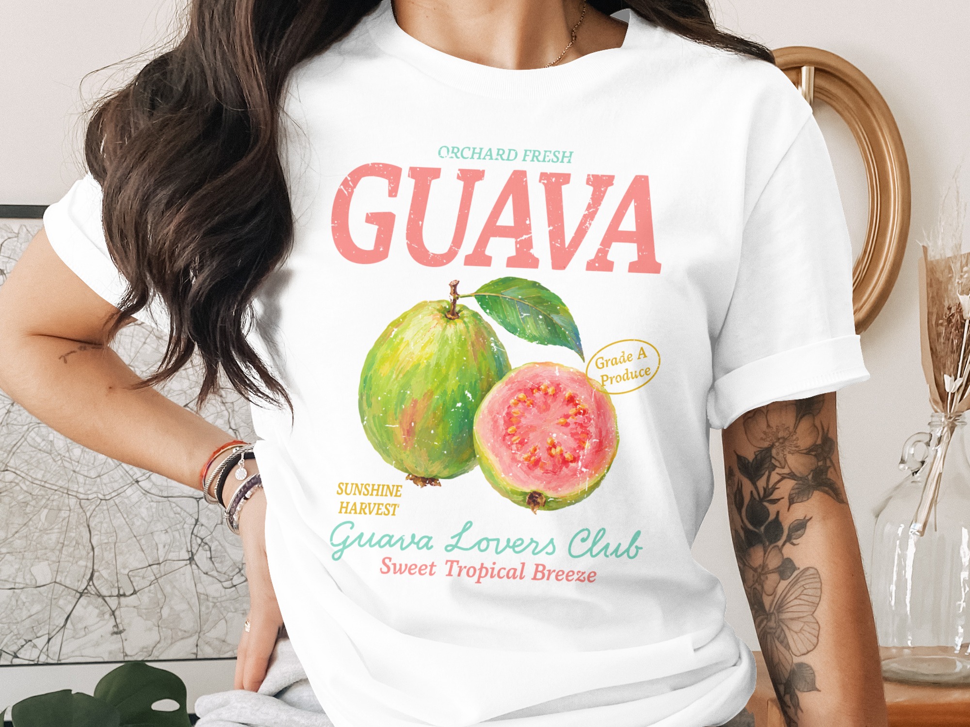 Orchard Fresh Guava Lovers Club T-Shirt | Vintage Fruit Produce Label Tee | Sweet Tropical Breeze Foodie Shirt