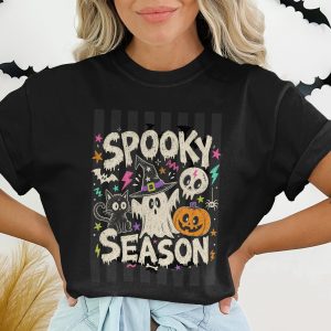Spooky Season Shirt Cute Ghost Black Cat Pumpkin T-Shirt Halloween Vibes Fall Tee Retro Style Spooky Graphic Tee