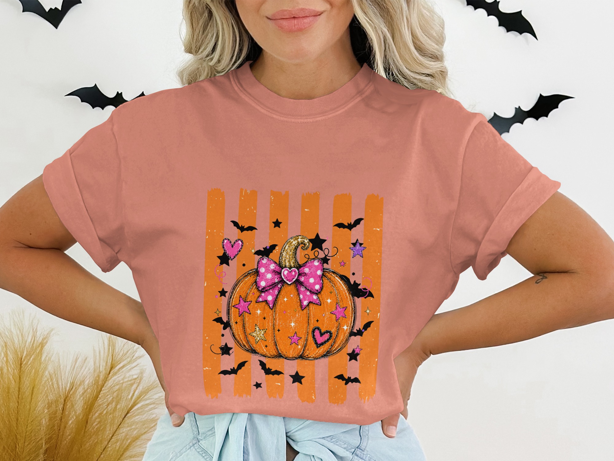 Cute Spooky Pumpkin T-Shirt, Halloween Vibes Tee, Sweet Fall Aesthetic Shirt, Pink Bow Pumpkin & Bats Top - Image 3