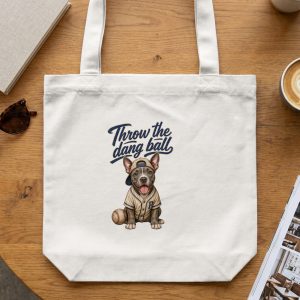 Baseball Dog Tote Bag, 'Throw the Dang Ball' Puppy Lover Reusable Canvas Shopper Bag, Cute Pet Mom Gift