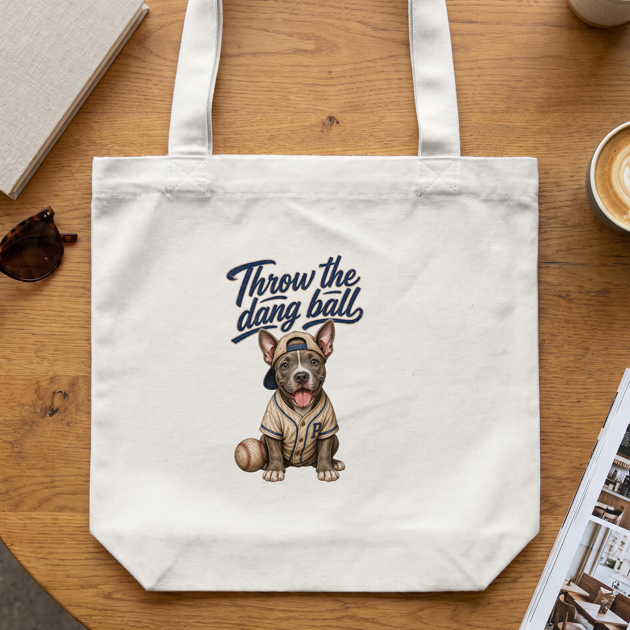 Baseball Dog Tote Bag, 'Throw the Dang Ball' Puppy Lover Reusable Canvas Shopper Bag, Cute Pet Mom Gift