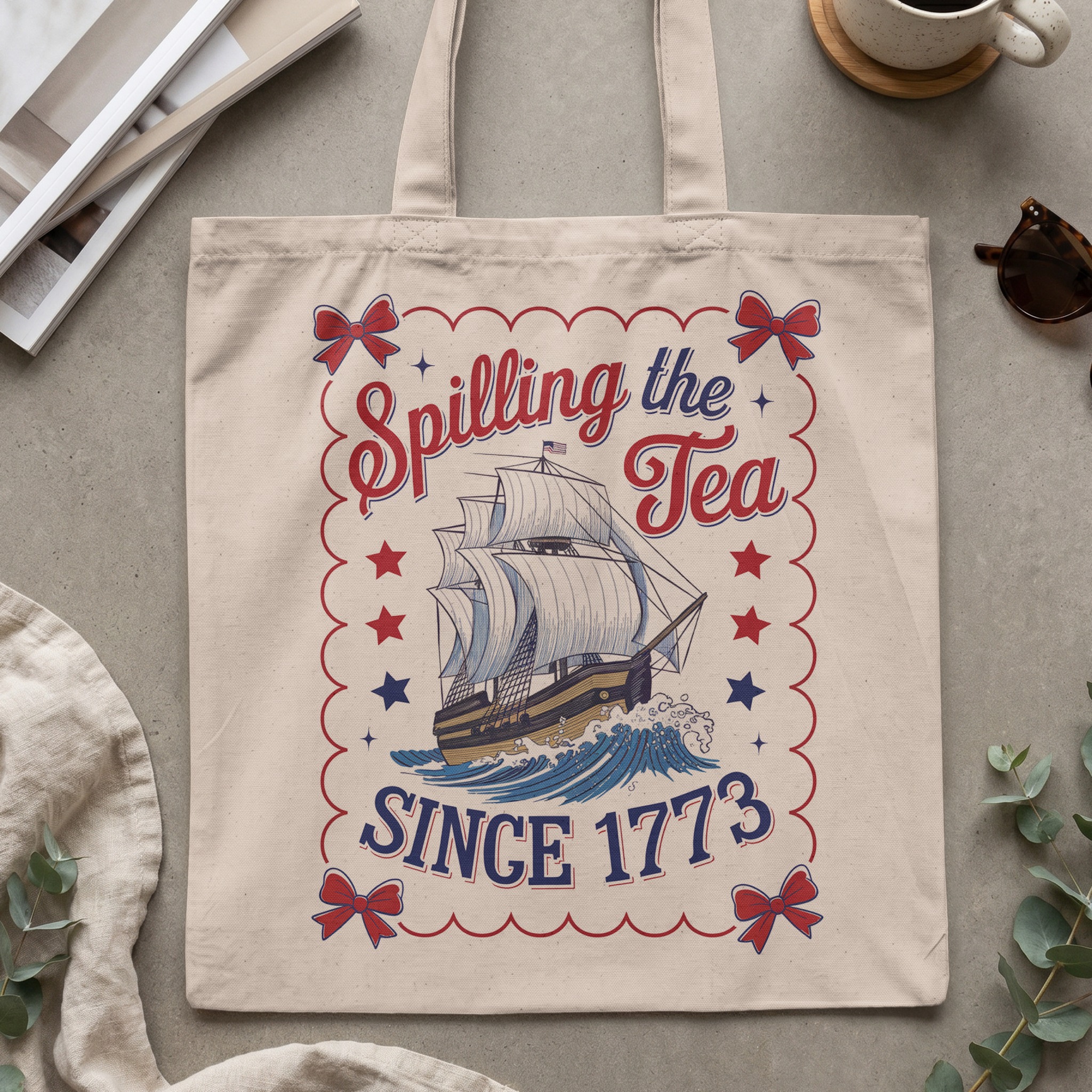 Boston Tea Party 'Spilling the Tea Since 1773' Tote Bag, Fourth of July History Gift, Patriotic American Canvas Bag - Image 2