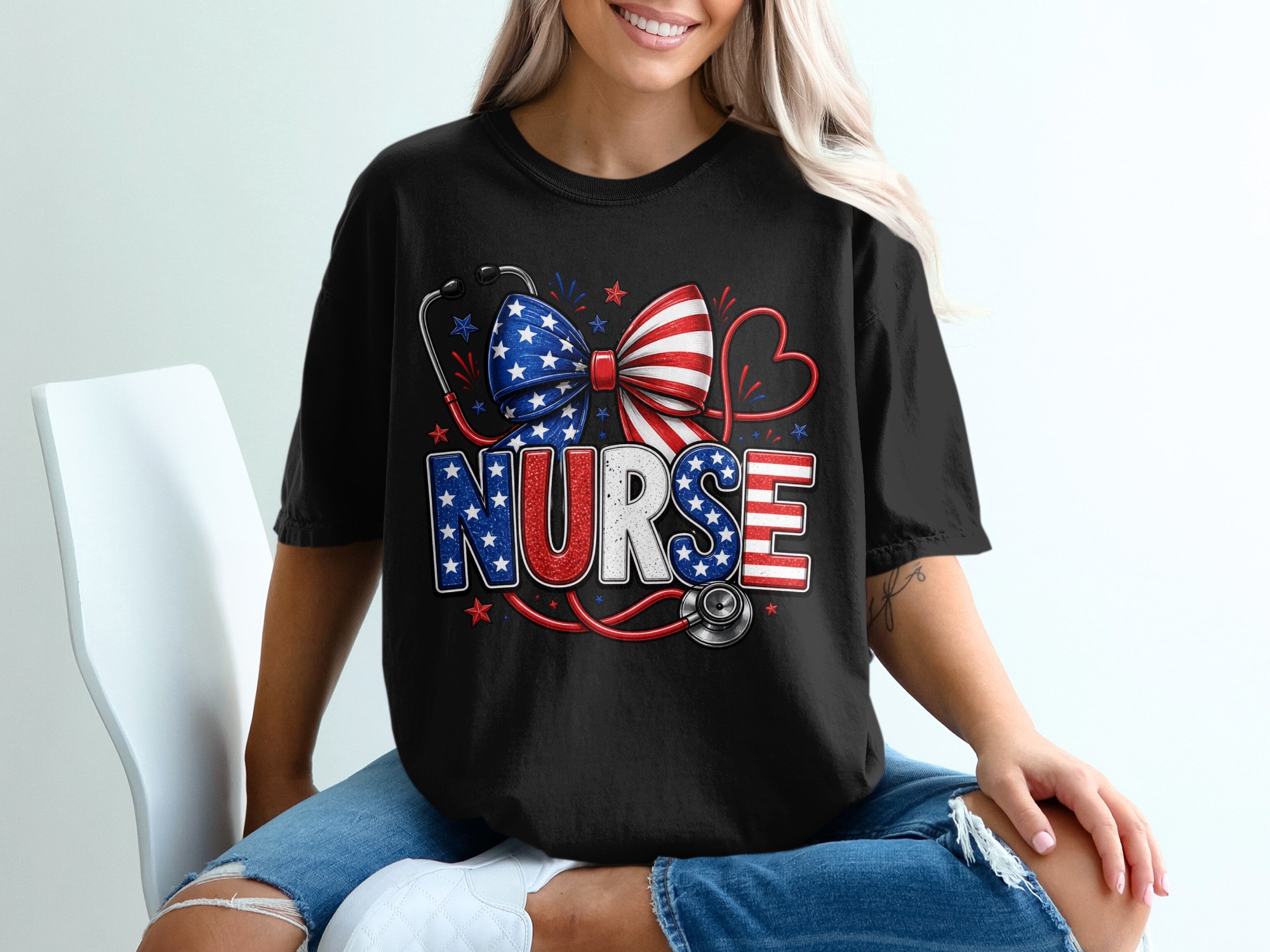 Patriotic Nurse T-Shirt, Comfort Colors ® American Flag Stethoscope Tee, RN Healthcare Worker Gift, 4th of July Shirt - Image 2