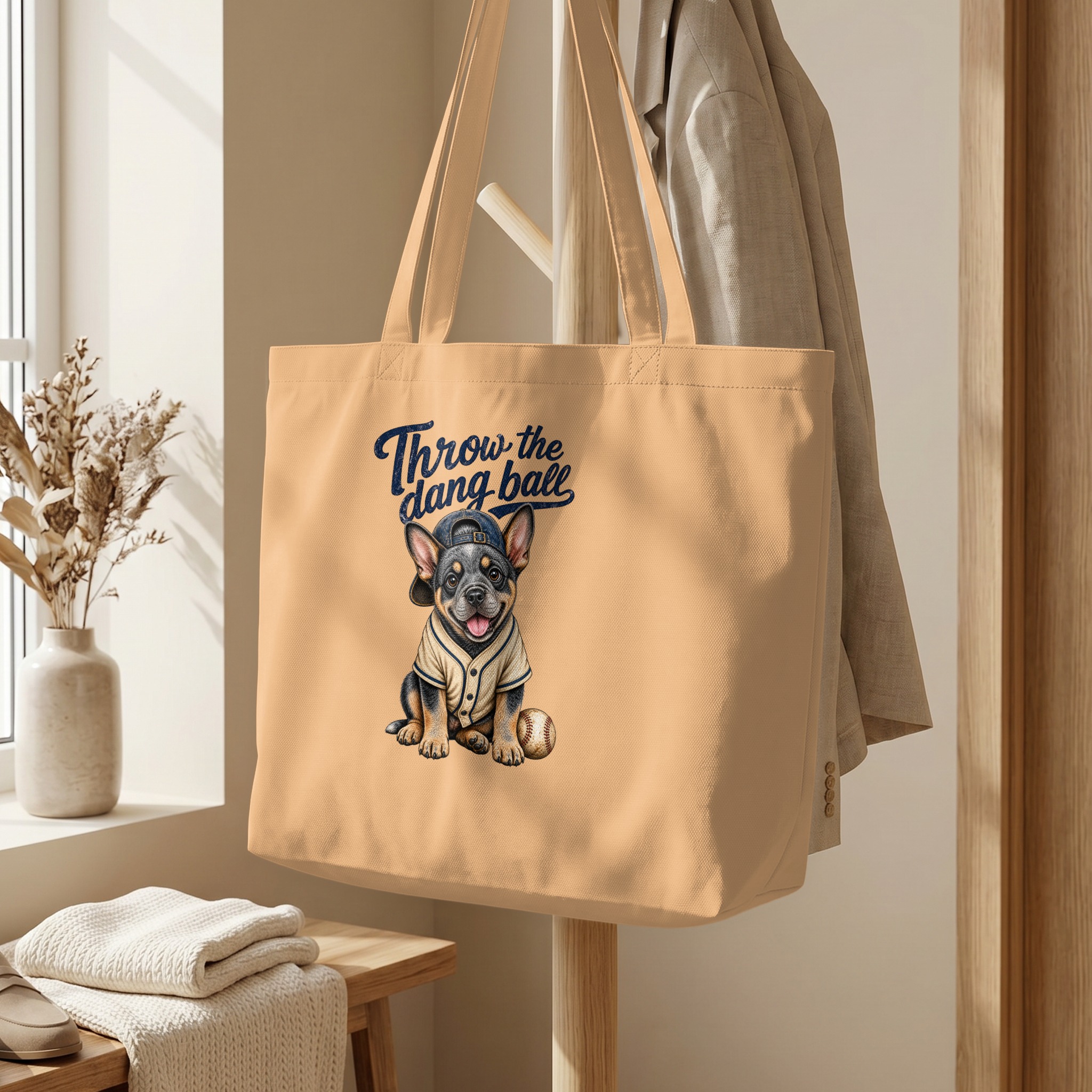 'Throw the dang ball' Baseball Puppy Tote Bag, Funny Dog Lover French Bulldog Owner Gift for Pet Moms Dads - Image 5
