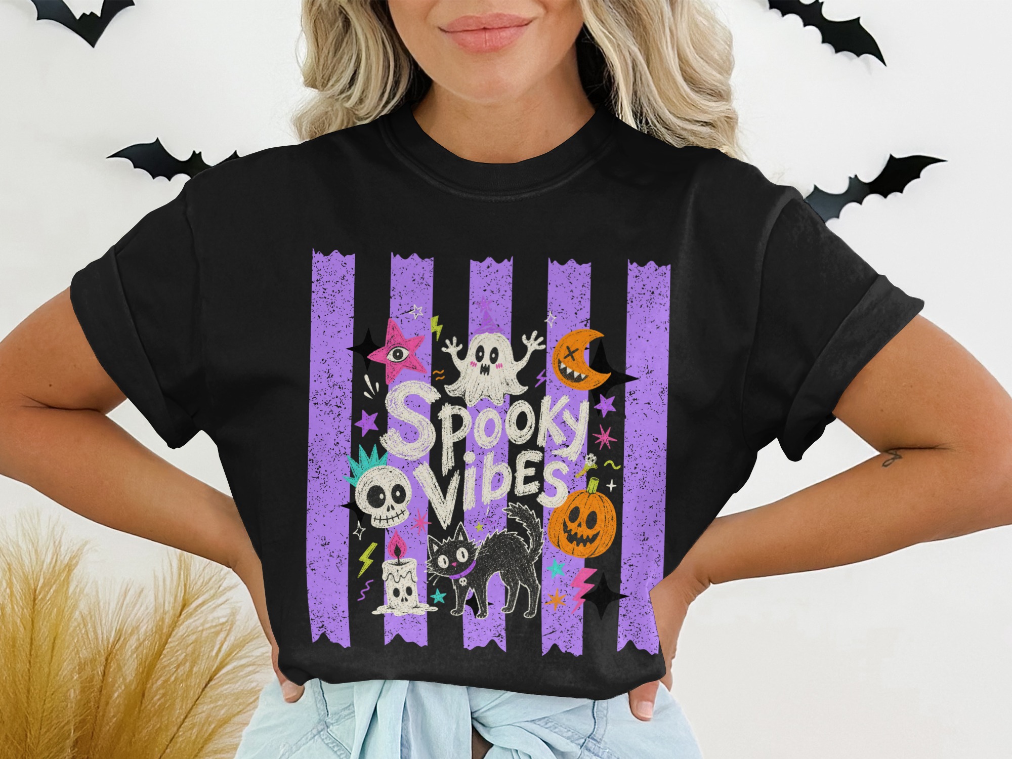 Spooky Vibes T-Shirt, Cute Ghost Black Cat Halloween Shirt, Whimsigoth Pastel Goth Aesthetic Pumpkin Skull T-Shirt, Retro Spooky Season Gift