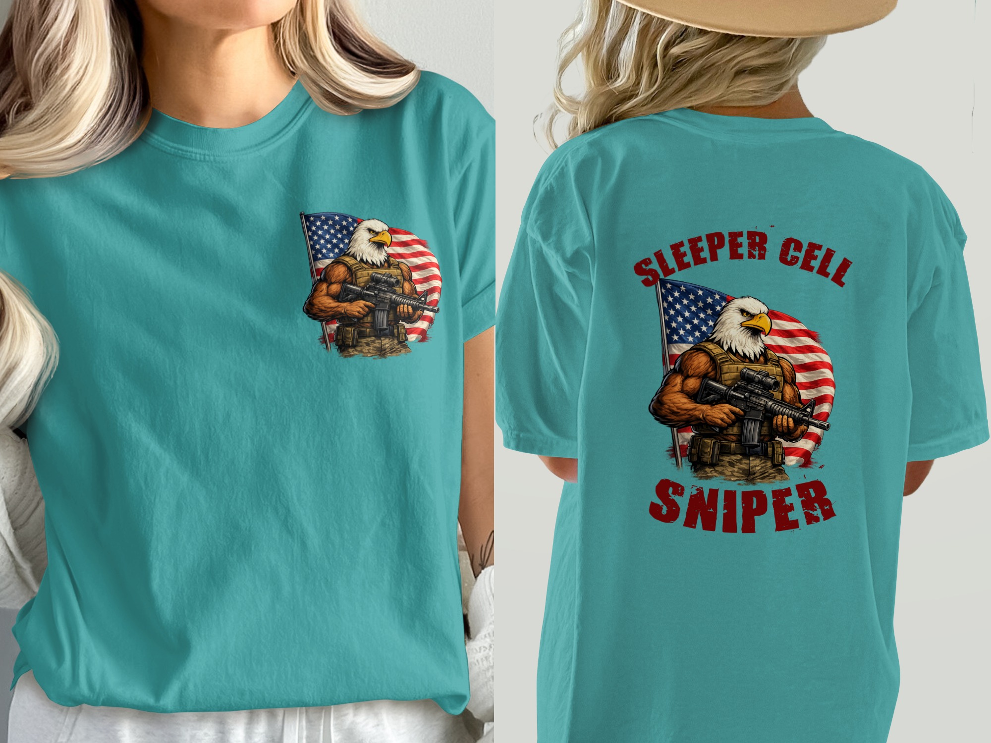 Patriotic Sleeper Cell Sniper T-Shirt, American Flag Eagle Tactical Gear Graphic Tee, Veteran Military USA Pride Gift - Image 4