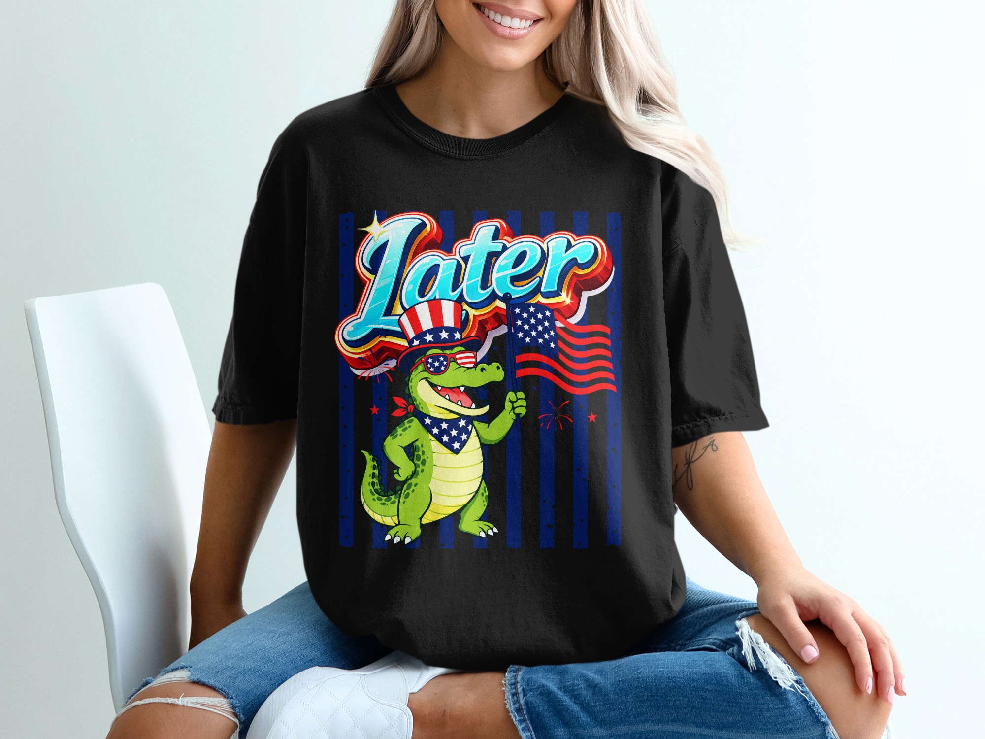 Patriotic Alligator T-Shirt, Later Gator Funny USA Independence Day Tee, 4th of July Celebration Summer Vacation Shirt, Retro Cartoon - Image 2