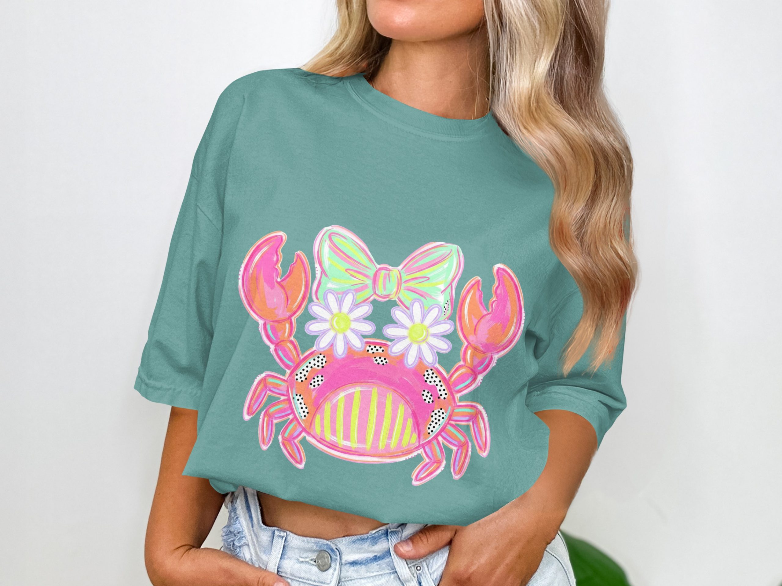 Preppy Crab T-Shirt, Coastal Ocean Theme, Watercolor Style Crab Tee, Daisy Bow Summer Beach Vacation Shirt - Image 3