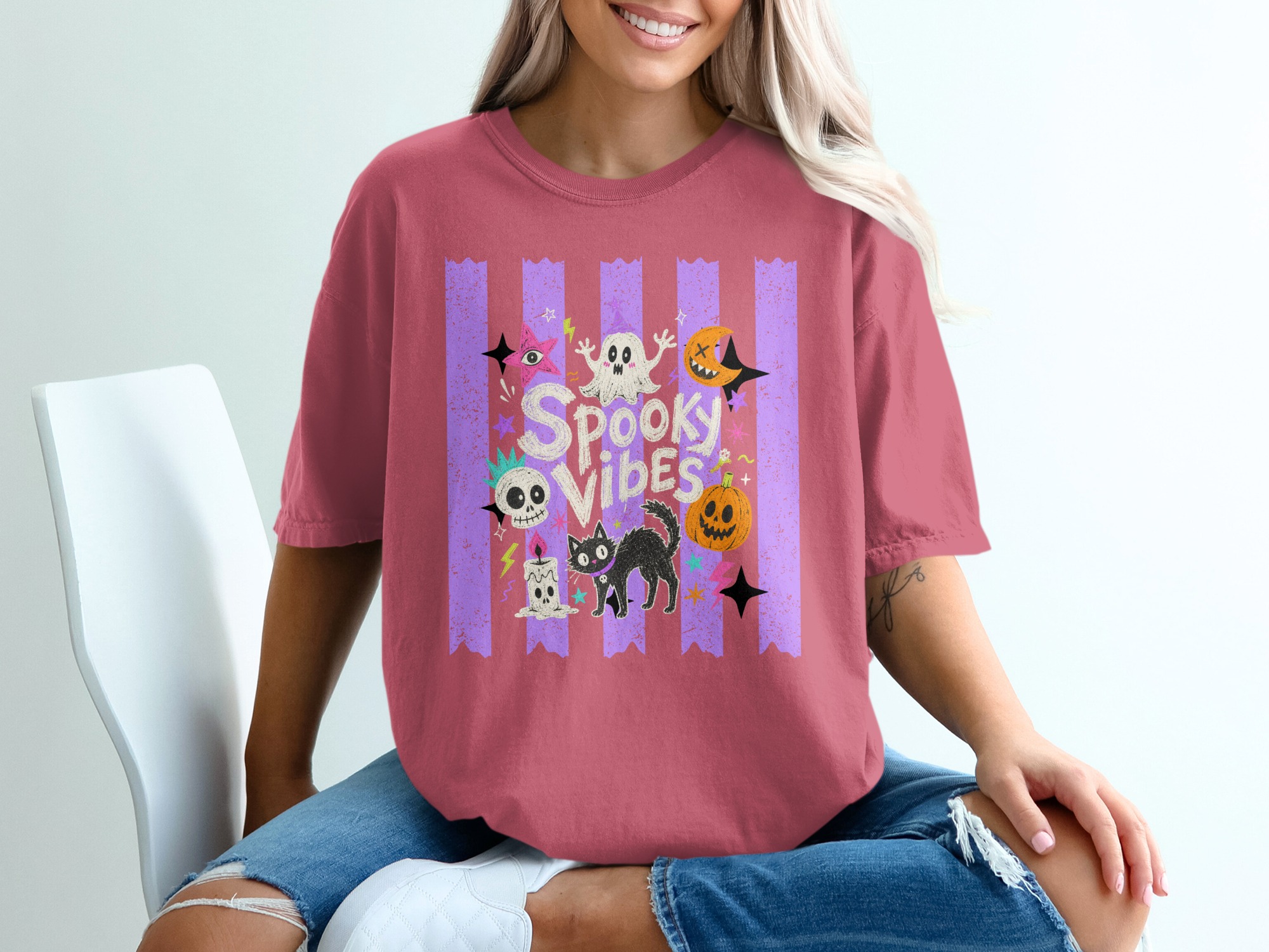 Spooky Vibes T-Shirt, Cute Ghost Black Cat Halloween Shirt, Whimsigoth Pastel Goth Aesthetic Pumpkin Skull T-Shirt, Retro Spooky Season Gift - Image 6