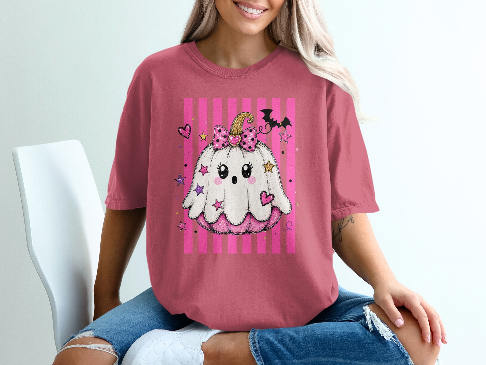 Cute Ghost Pumpkin Halloween Shirt, Spooky Kawaii Pumpkin T-Shirt, Pink Goth Halloween Tee, Trick or Treat Top - Image 7