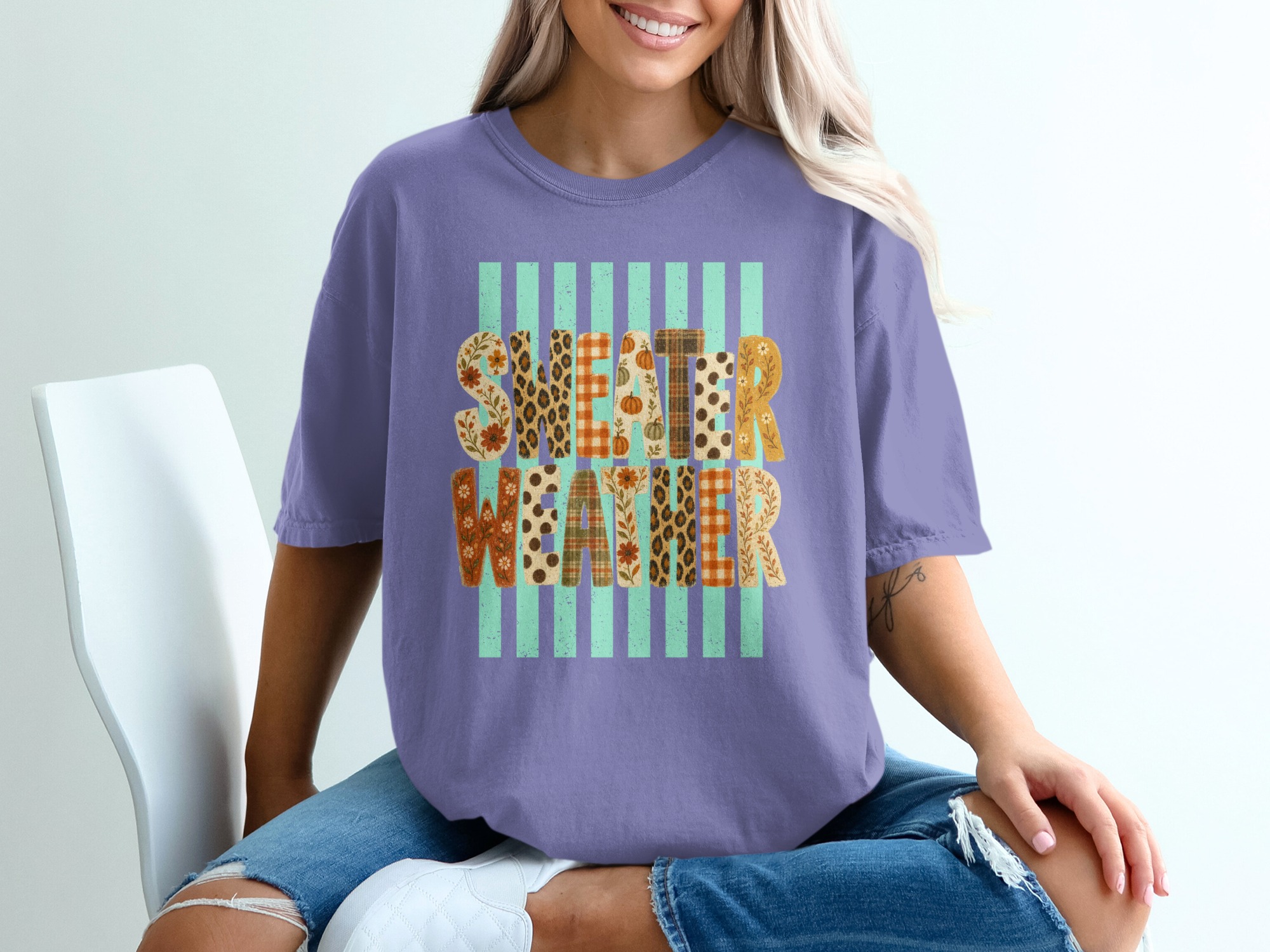 Sweater Weather T-Shirt | Fall Vibes Autumn Graphic Tee | Cute Pumpkin Leopard Print Plaid Women's Shirt | Cozy Season Top Gift - Image 5