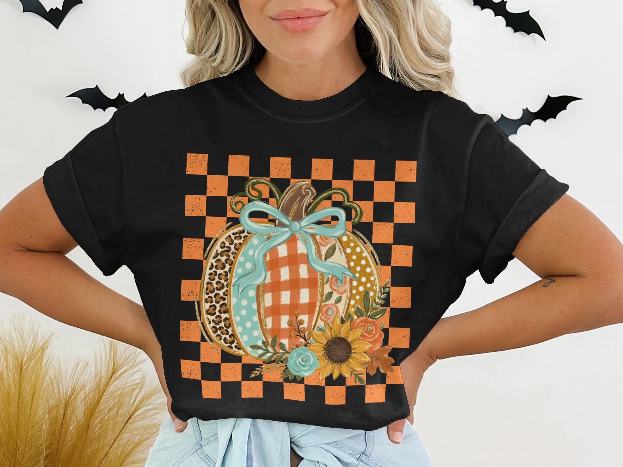Cute Fall Pumpkin T-Shirt, Distressed Checkerboard Autumn Tee, Floral Leopard Print Pumpkin Shirt, Thanksgiving Gift - Image 2