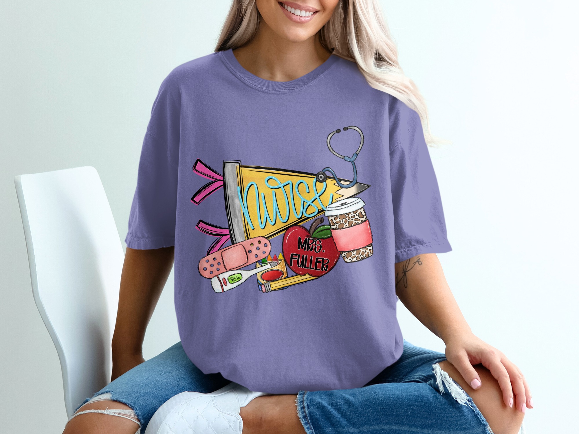 Nurse & Teacher Appreciation T-Shirt | Stethoscope, Apple, Coffee & Bandage Tee | Thoughtful RN Gift & Educator Shirt - Image 13